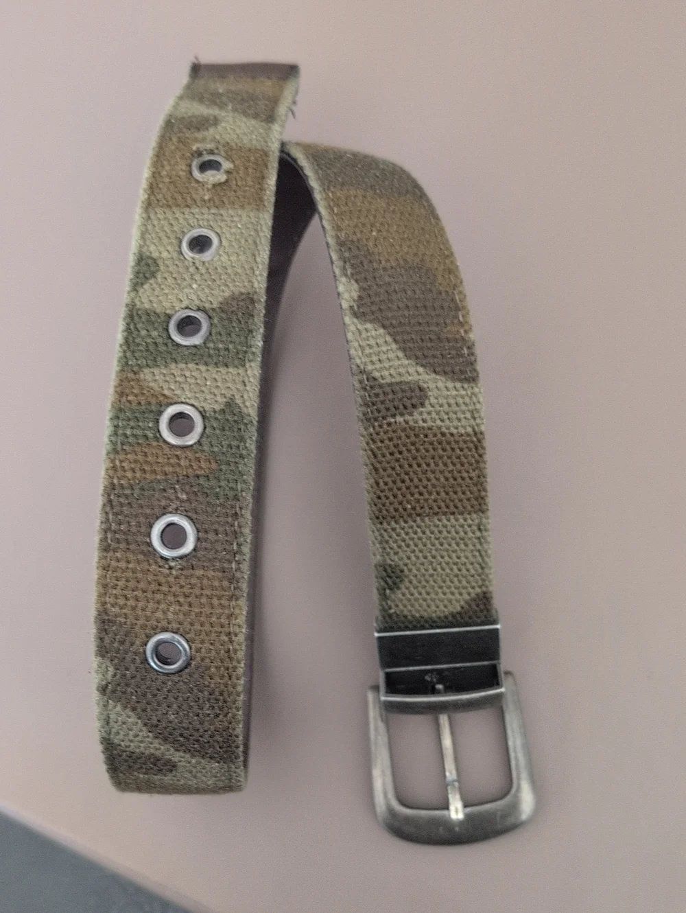 Canvas Camo Print Belt with Brown Leather Trim